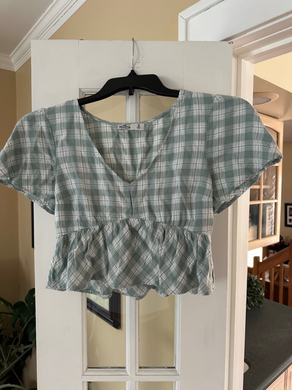 Hollister Sage Green Plaid Peplum Crop Top